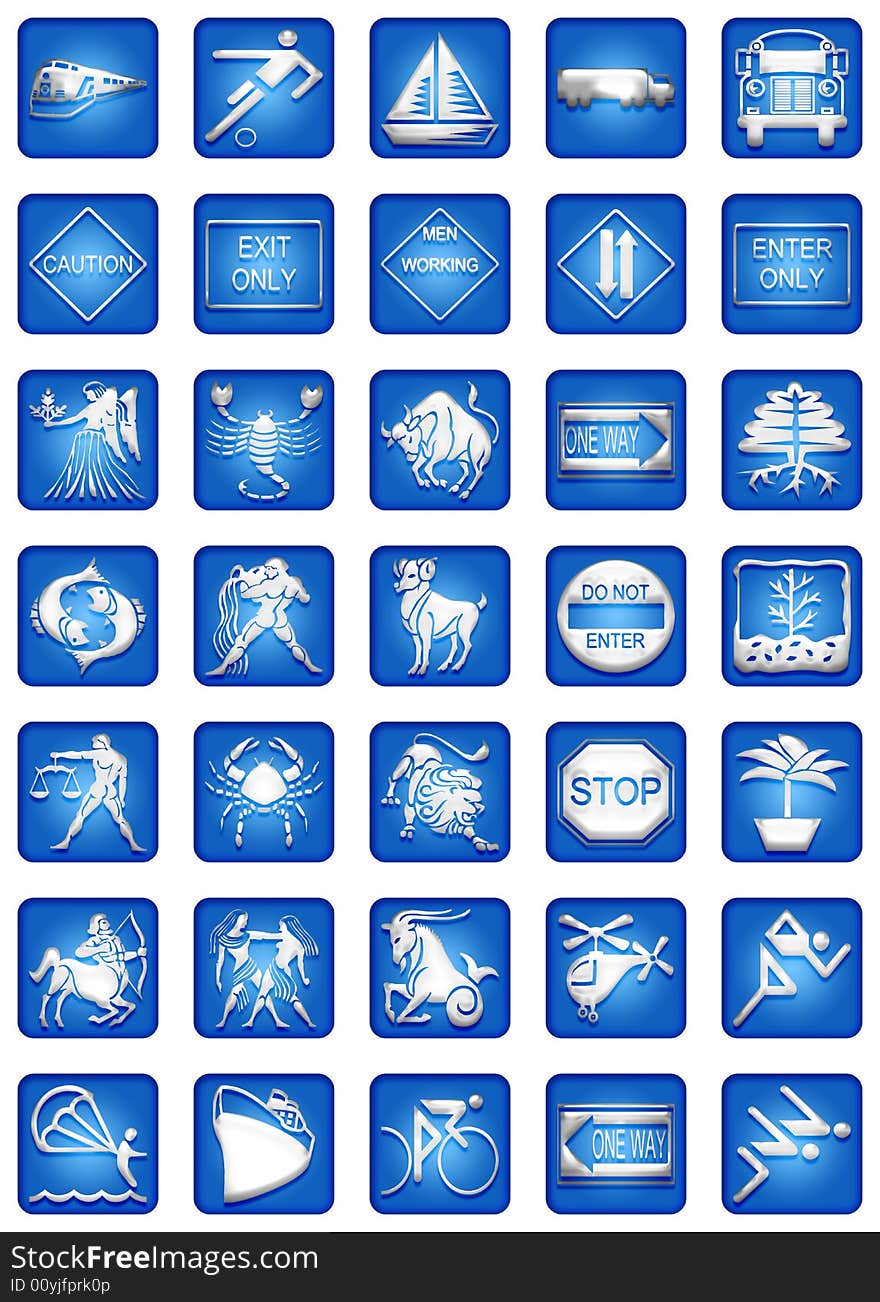 Group of different square icons for web in blue and white tones. Group of different square icons for web in blue and white tones