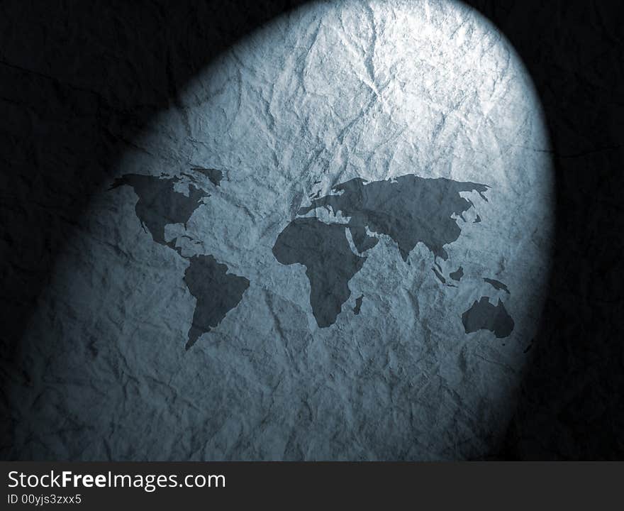 World outline map on crumpled textured paper. World outline map on crumpled textured paper