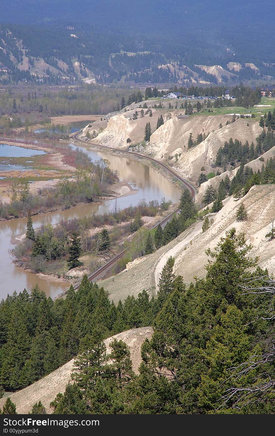 S shape river and valley in kootenay national park, british columbia, canada