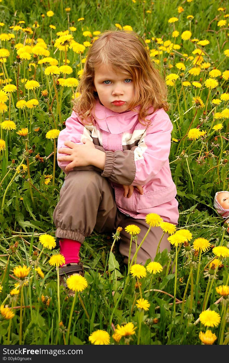 Pretty girl, sitting in dandelions. Pretty girl, sitting in dandelions