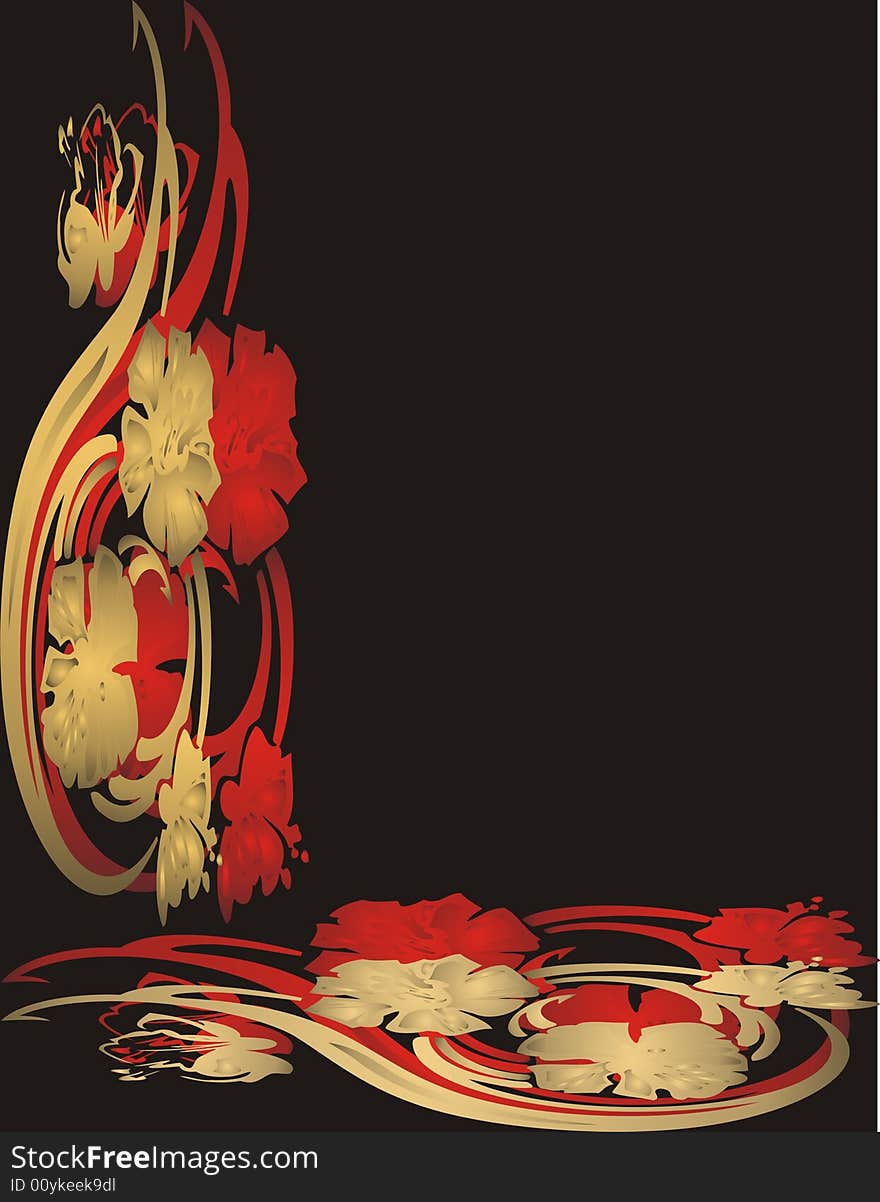 Golden and red floral frame on black background. Golden and red floral frame on black background