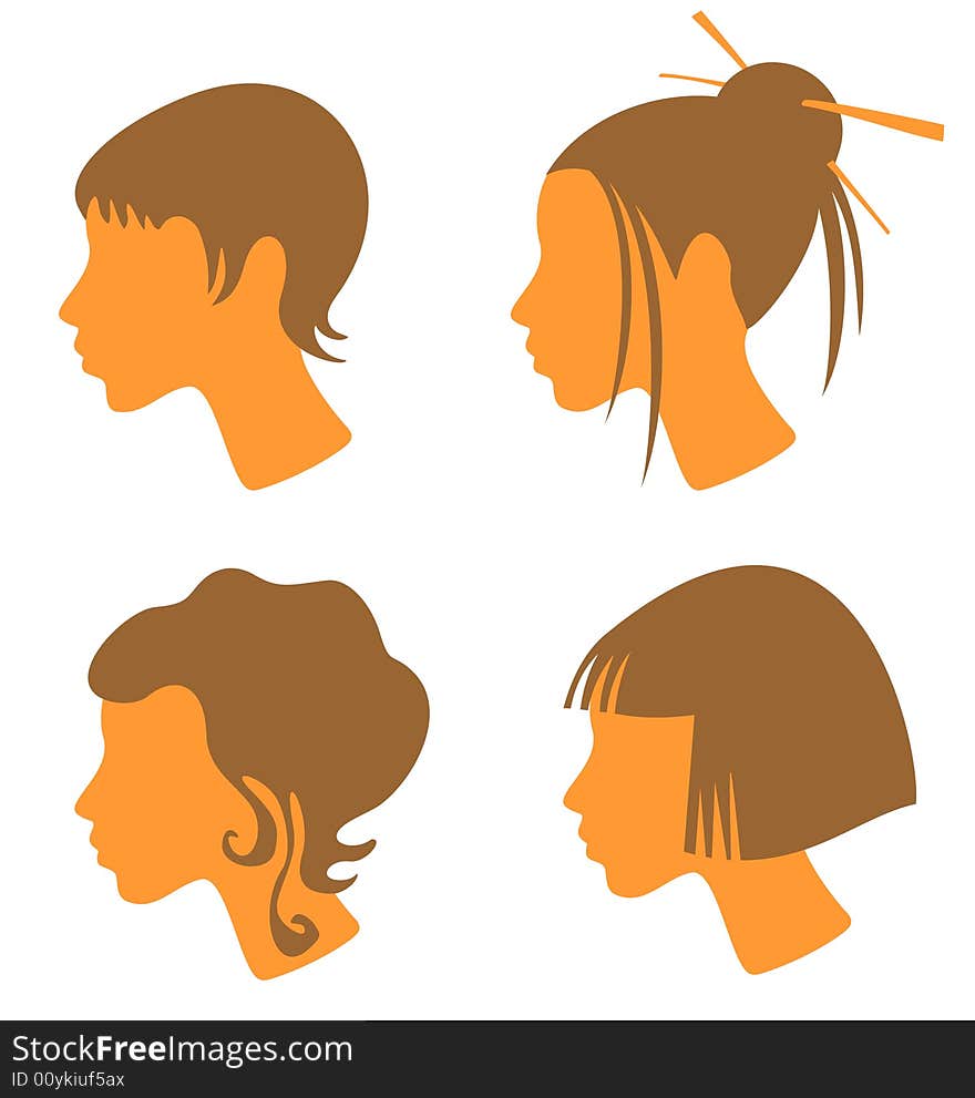 Four female heads with red hair and different hairdresses - short, long, classical and japanese.