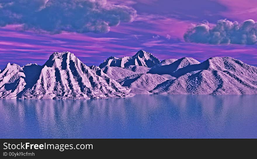 Snow peak mountains on a blue sea - 3d scene. Snow peak mountains on a blue sea - 3d scene.