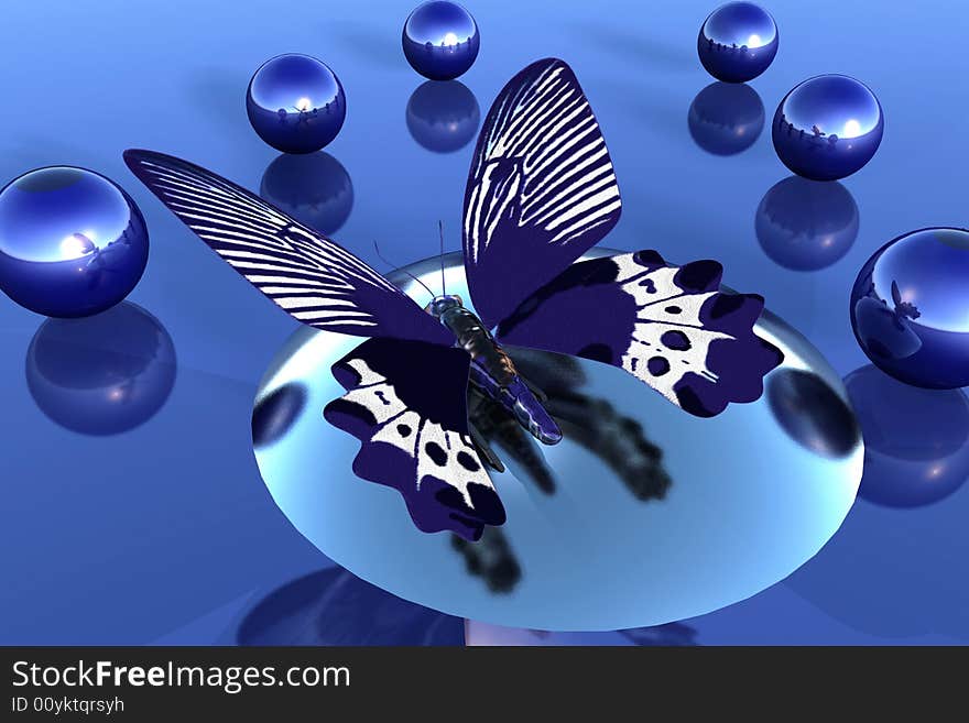 Butterfly and blue balls executed in 3D