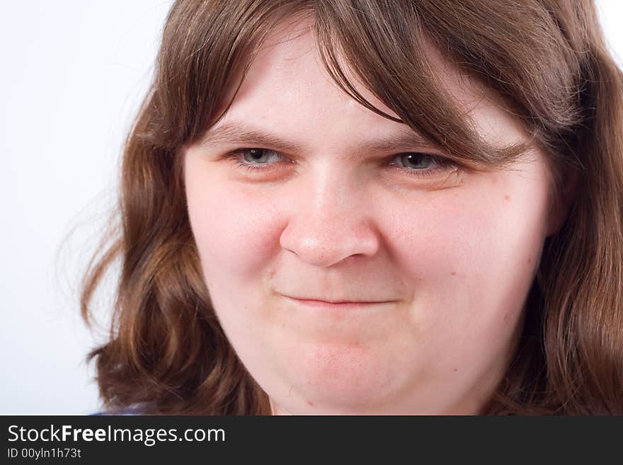 Young woman portrait, obese, photo on the white background