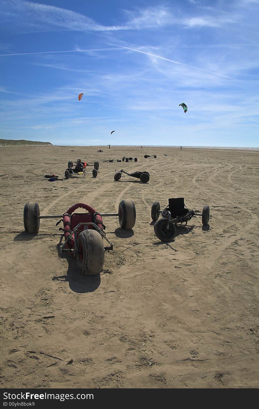 Beach Scene with Kites and Buggies on english beach