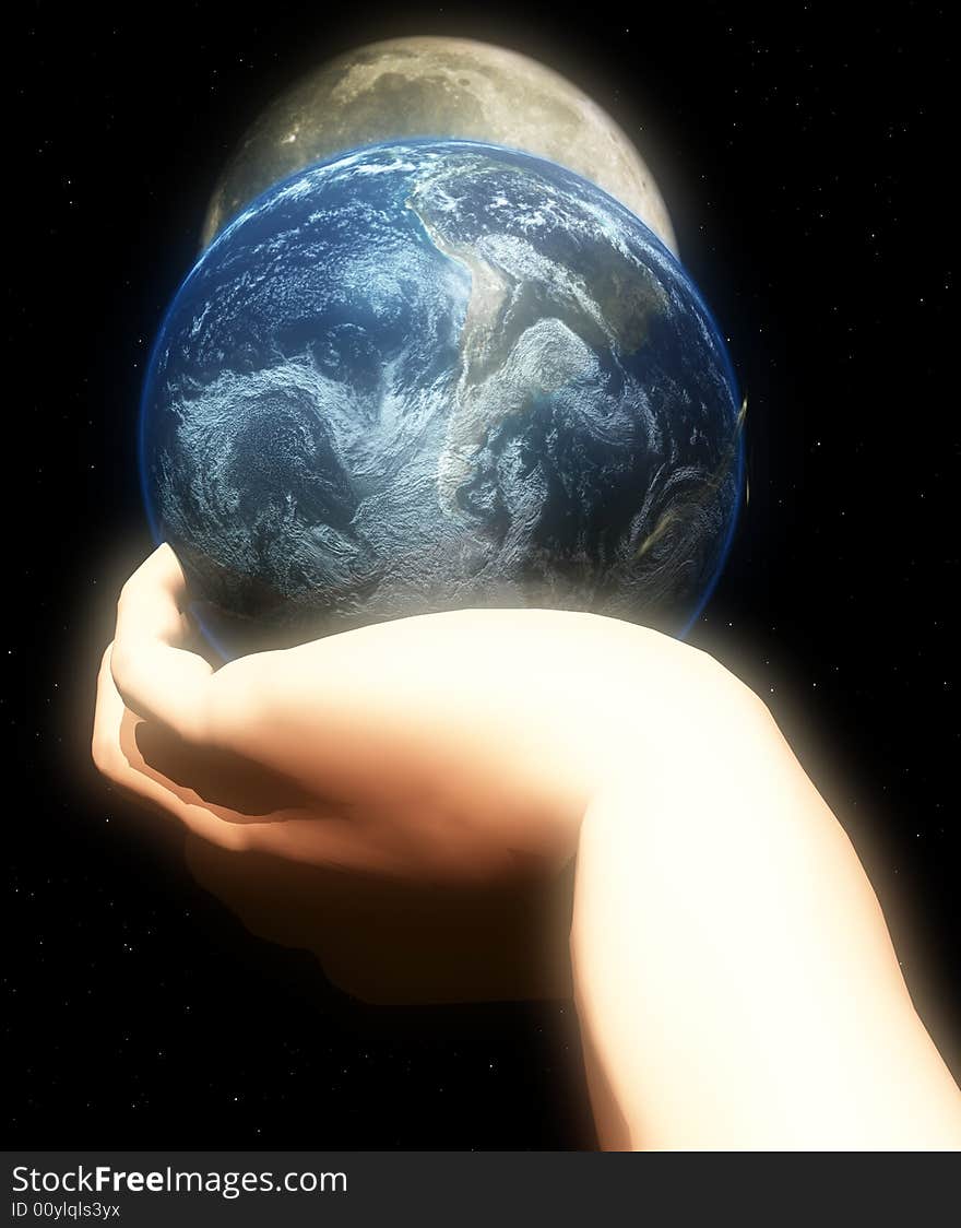 A conceptual religious image showing god protecting and holding the world in his hand. A conceptual religious image showing god protecting and holding the world in his hand.