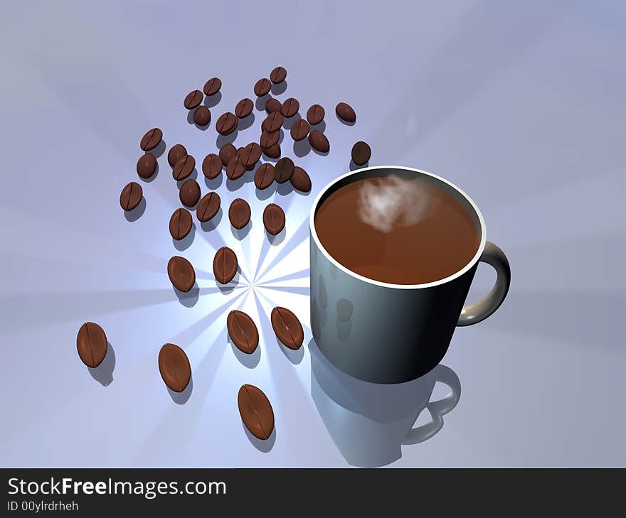 Cup of coffee with beans on radiant surface. Cup of coffee with beans on radiant surface