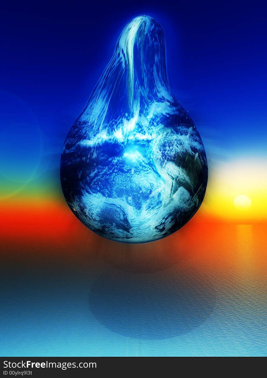 A abstract and conceptual image of the Earth that has been turned into a tear. It is against a sunset, hovering over a blue sea. It would make a good sadness concept image. A abstract and conceptual image of the Earth that has been turned into a tear. It is against a sunset, hovering over a blue sea. It would make a good sadness concept image.