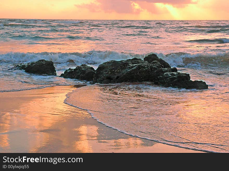 The reflection of the sun light on sea beach of Goa.