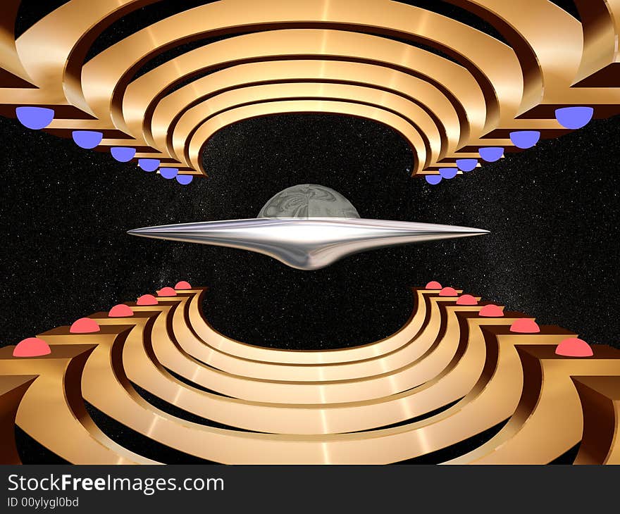 Start of a UFO from base in space. The illustration is executed in the program 3ds max 5.