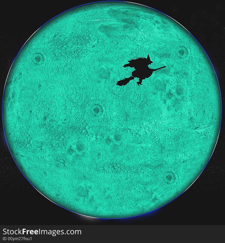 Computer Generated Moon with Witch flying across it. Computer Generated Moon with Witch flying across it.