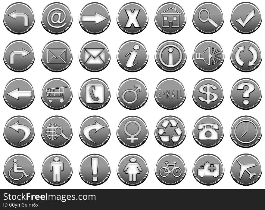 Illustration of circles with  symbols as icons for web in gray bright colors. Illustration of circles with  symbols as icons for web in gray bright colors