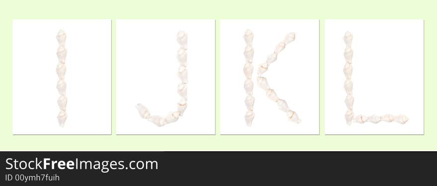 Seashell letters on white background, letter I,J,K,L. Seashell letters on white background, letter I,J,K,L