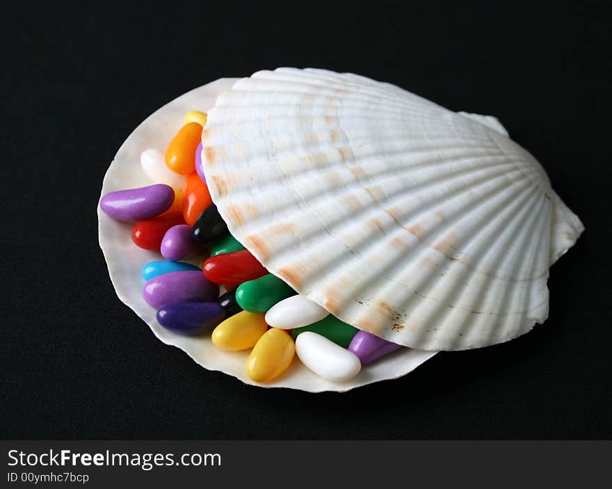 Jelly Beans in a small sea shell bowl. Jelly Beans in a small sea shell bowl