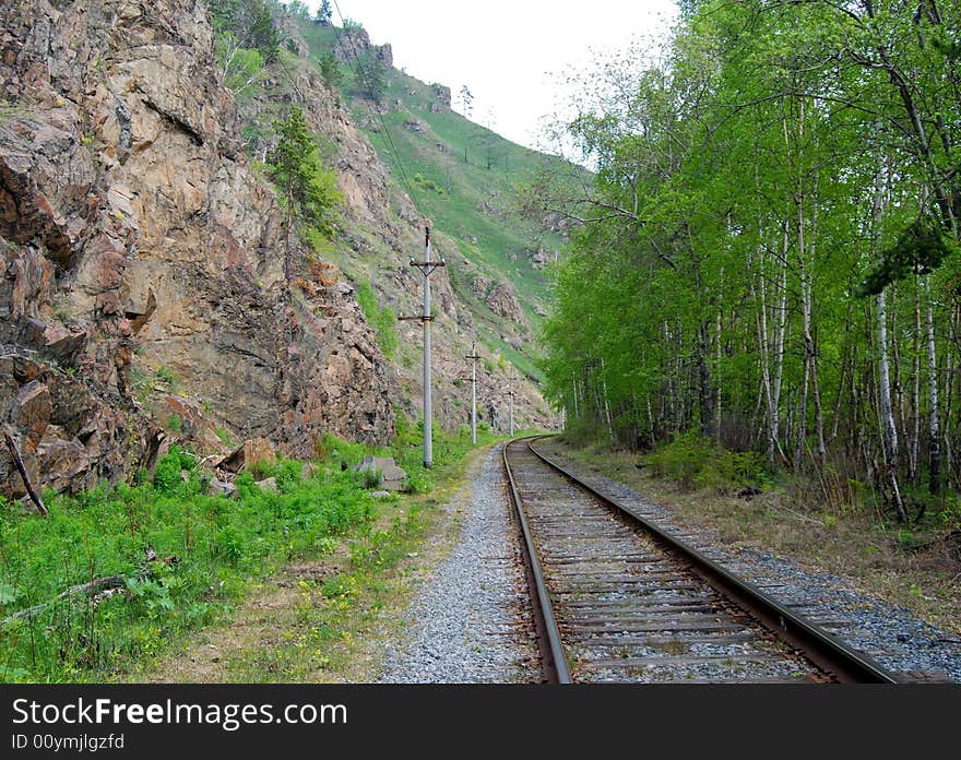 Old railroad on the coast of Baikal lake