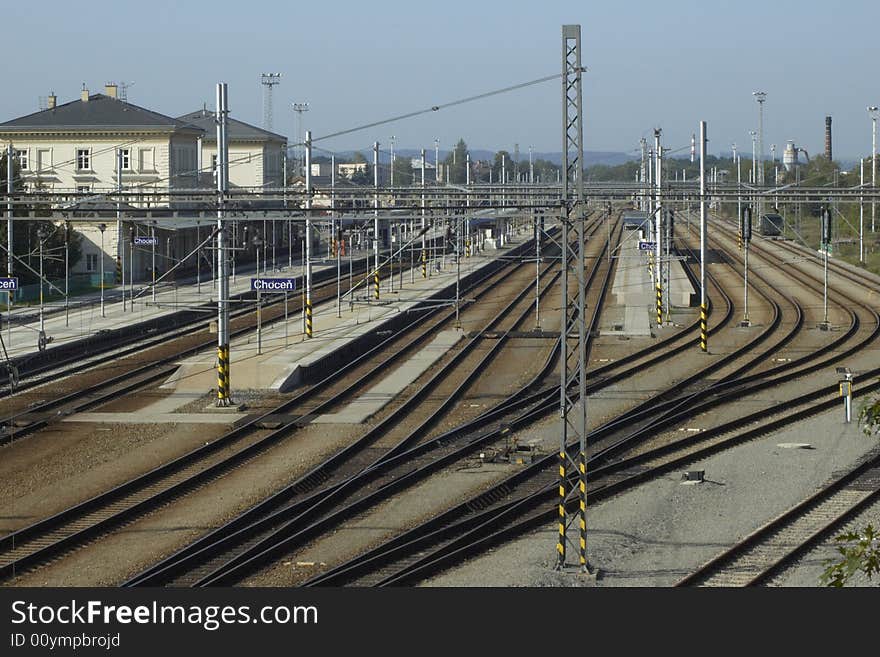 Railway station with buildings and platforms