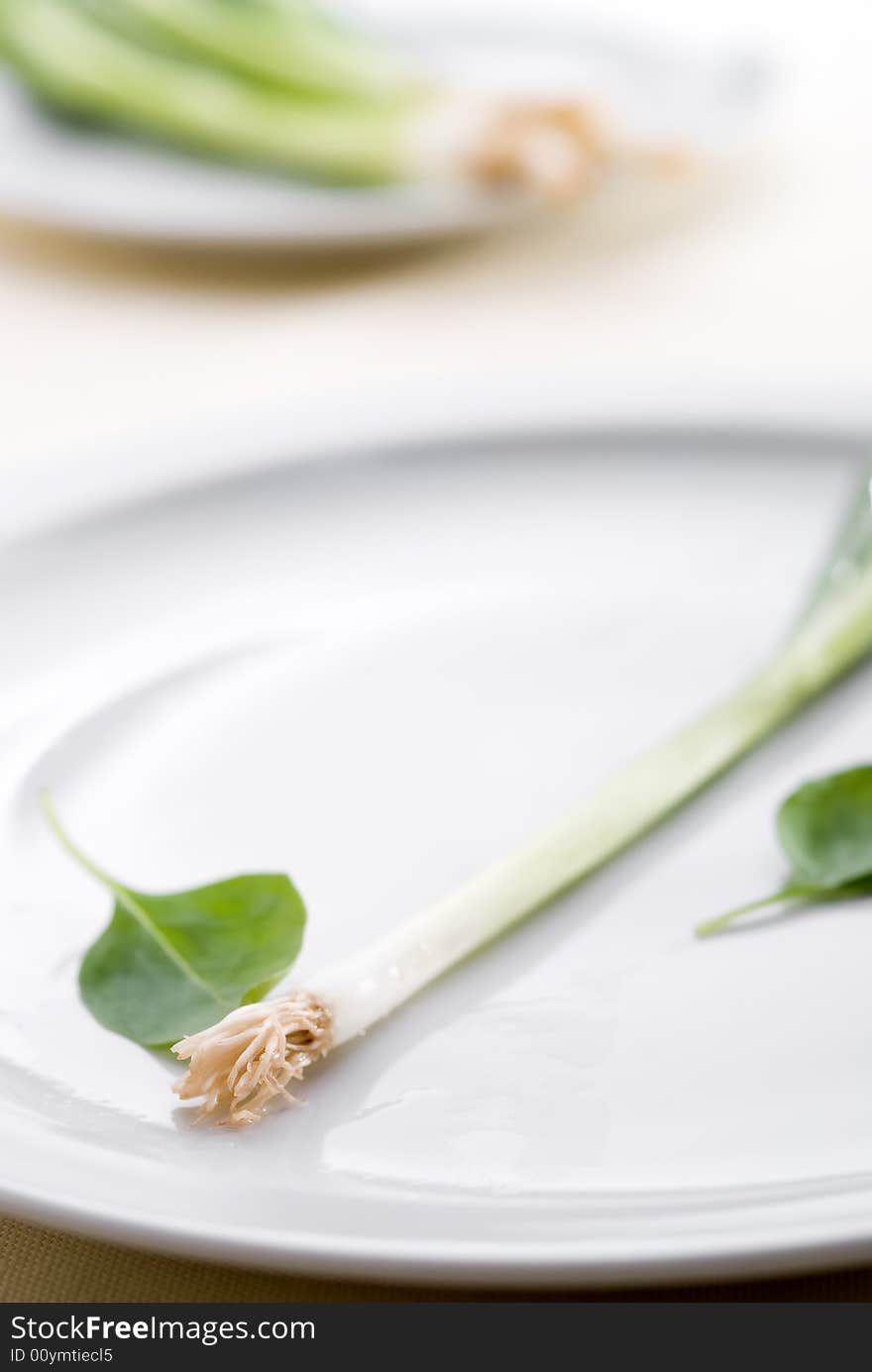 High key green onion on a plate with shallow focus