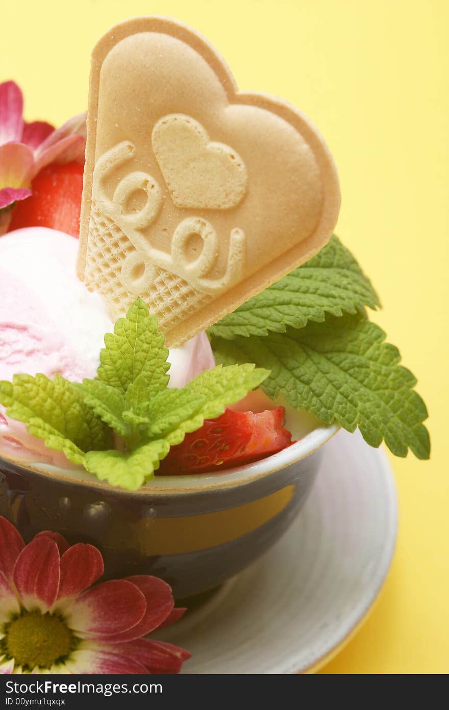 Delicious ice cream with strawberries for hot summer. Delicious ice cream with strawberries for hot summer