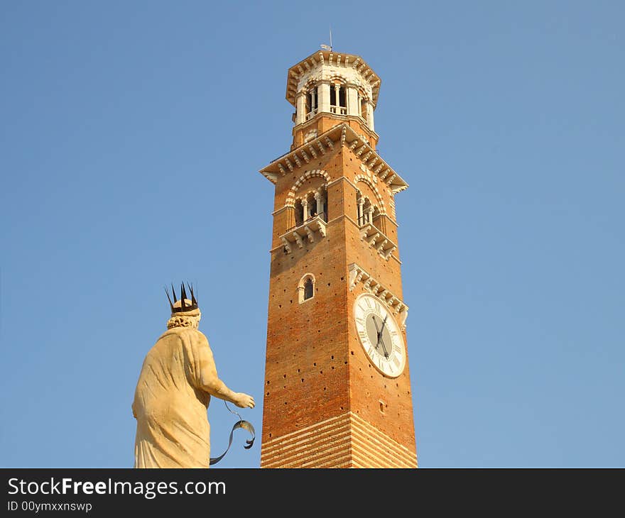 Madonna of Verona statue and bell tower in Verona, Italy