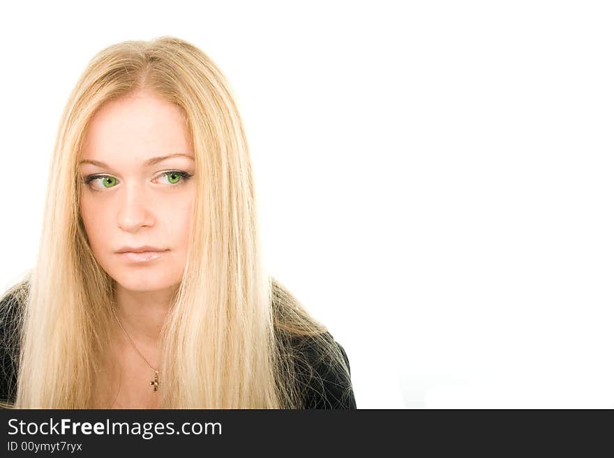 Portrait of pretty green-eyed blonde in black on white background