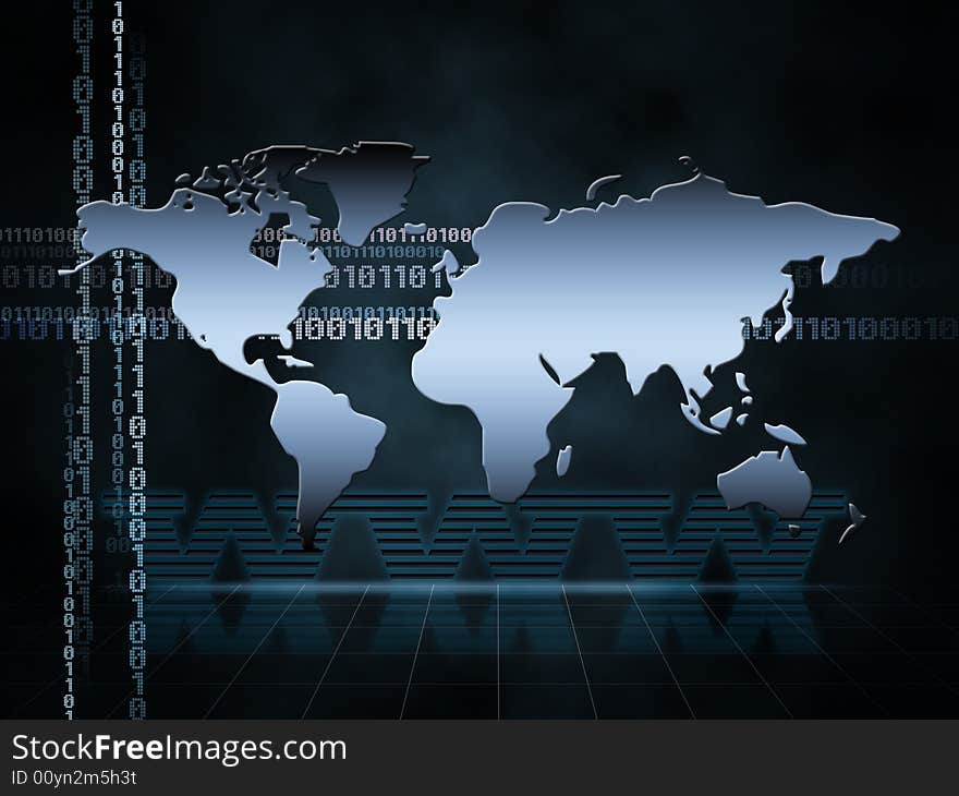 Illustration of the world map with ones and zeros