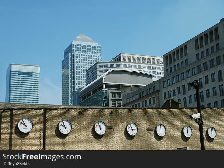 Canary Wharf skyline with world clocks