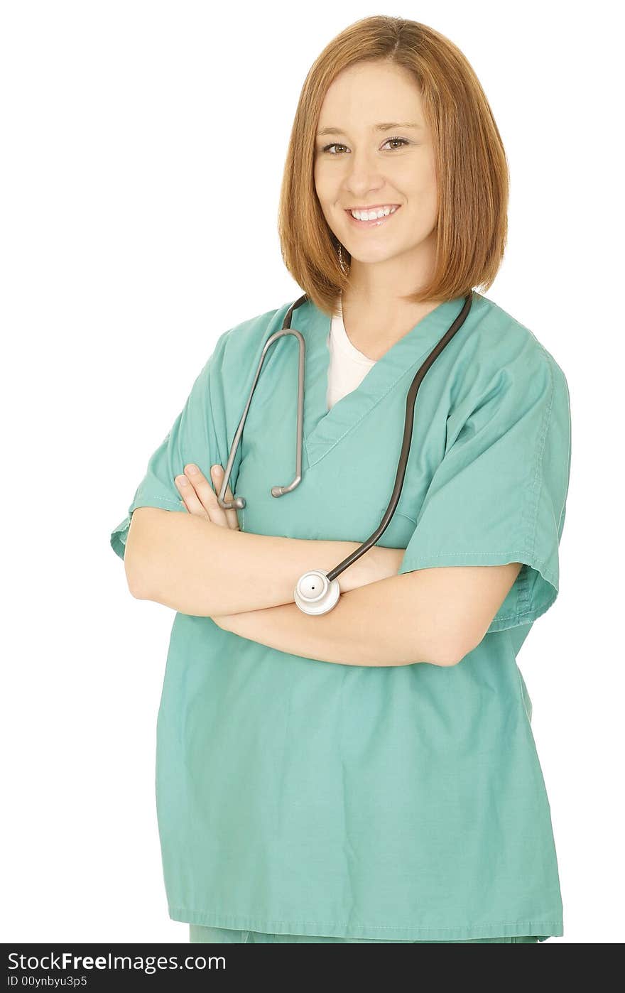 Isolated shot of woman nurse or doctor folding hand and smiling looking to camera. Isolated shot of woman nurse or doctor folding hand and smiling looking to camera