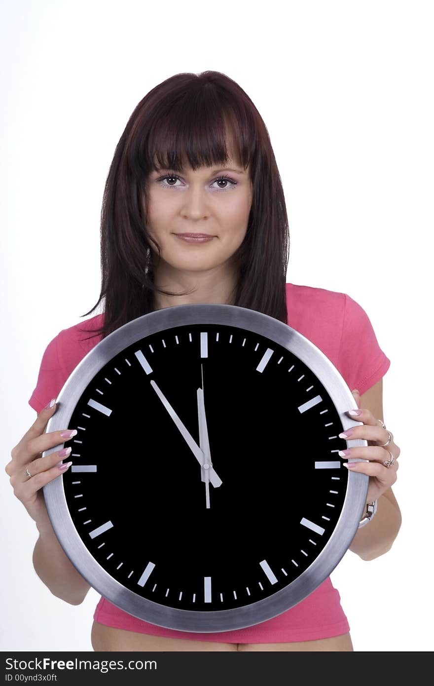 Emotive woman with o'clock against a white background. Emotive woman with o'clock against a white background