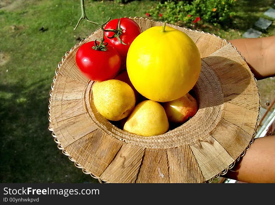 This is the closed-up picture of the morning lighted fresh colorful, energy and vitamins full fruits . Hands are holding fruits in the traditional country disined cap against the garden. This is the closed-up picture of the morning lighted fresh colorful, energy and vitamins full fruits . Hands are holding fruits in the traditional country disined cap against the garden.