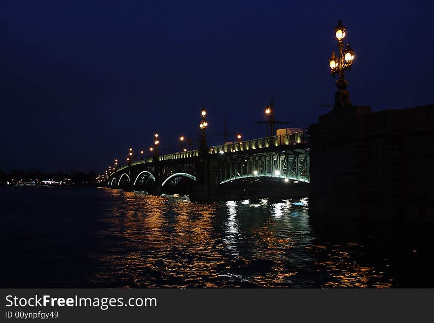 Razvodnoy (door) Bridge in St. Petersburg on the river Nive, divorce night, for passing ships. Razvodnoy (door) Bridge in St. Petersburg on the river Nive, divorce night, for passing ships