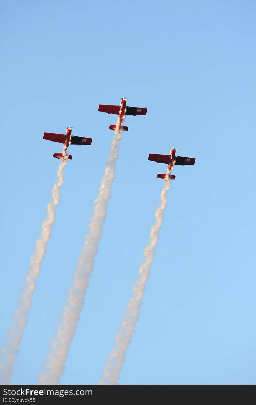 Acrobatic show made by three red airplanes