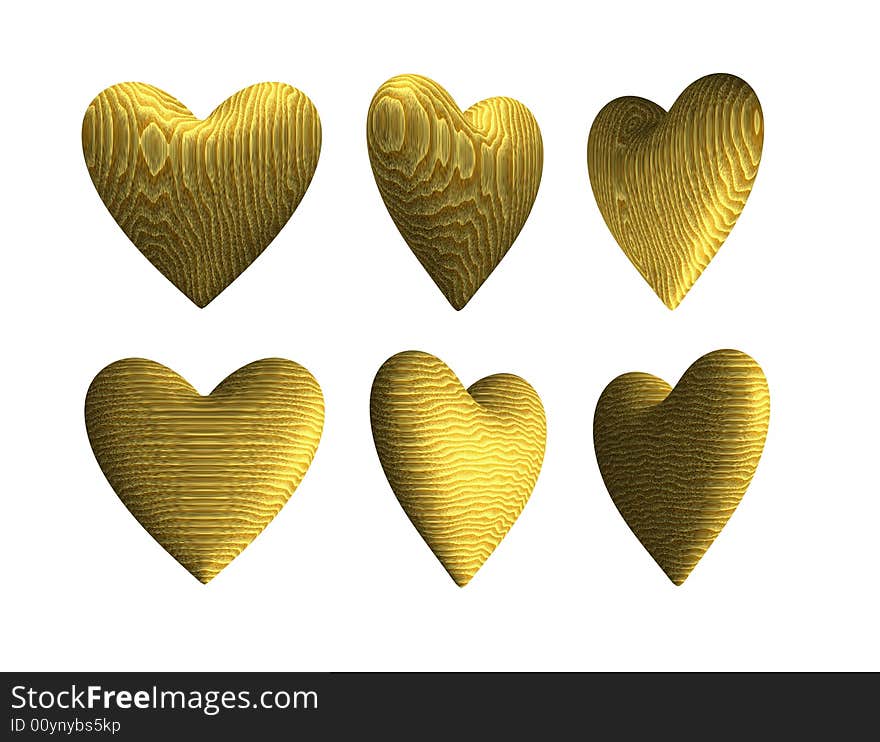 Rendering of some wooden hearts from different angles, with realistic pattern and delicate texture. Rendering of some wooden hearts from different angles, with realistic pattern and delicate texture.