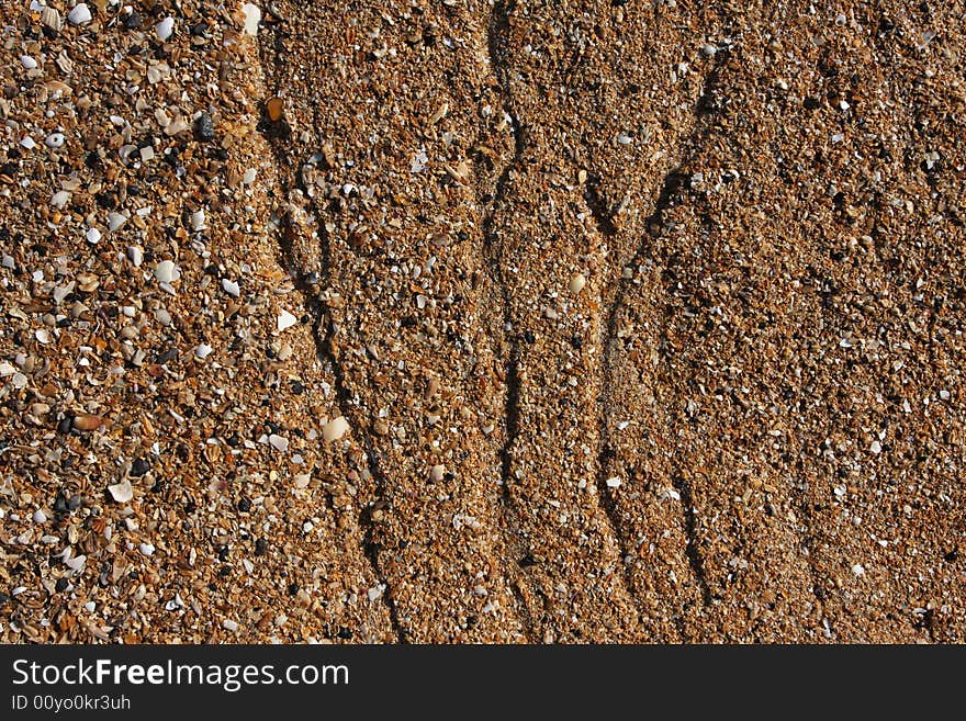 Shell sand on the beach with water lines, great detail and texture