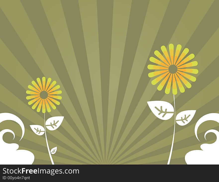 Graphic illustration of abstract flowers and vortex against a tan radial gradient background. Graphic illustration of abstract flowers and vortex against a tan radial gradient background.