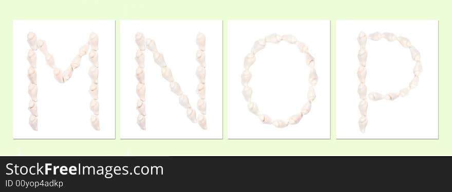 Seashell letters on white background, letter M,N,O,P. Seashell letters on white background, letter M,N,O,P