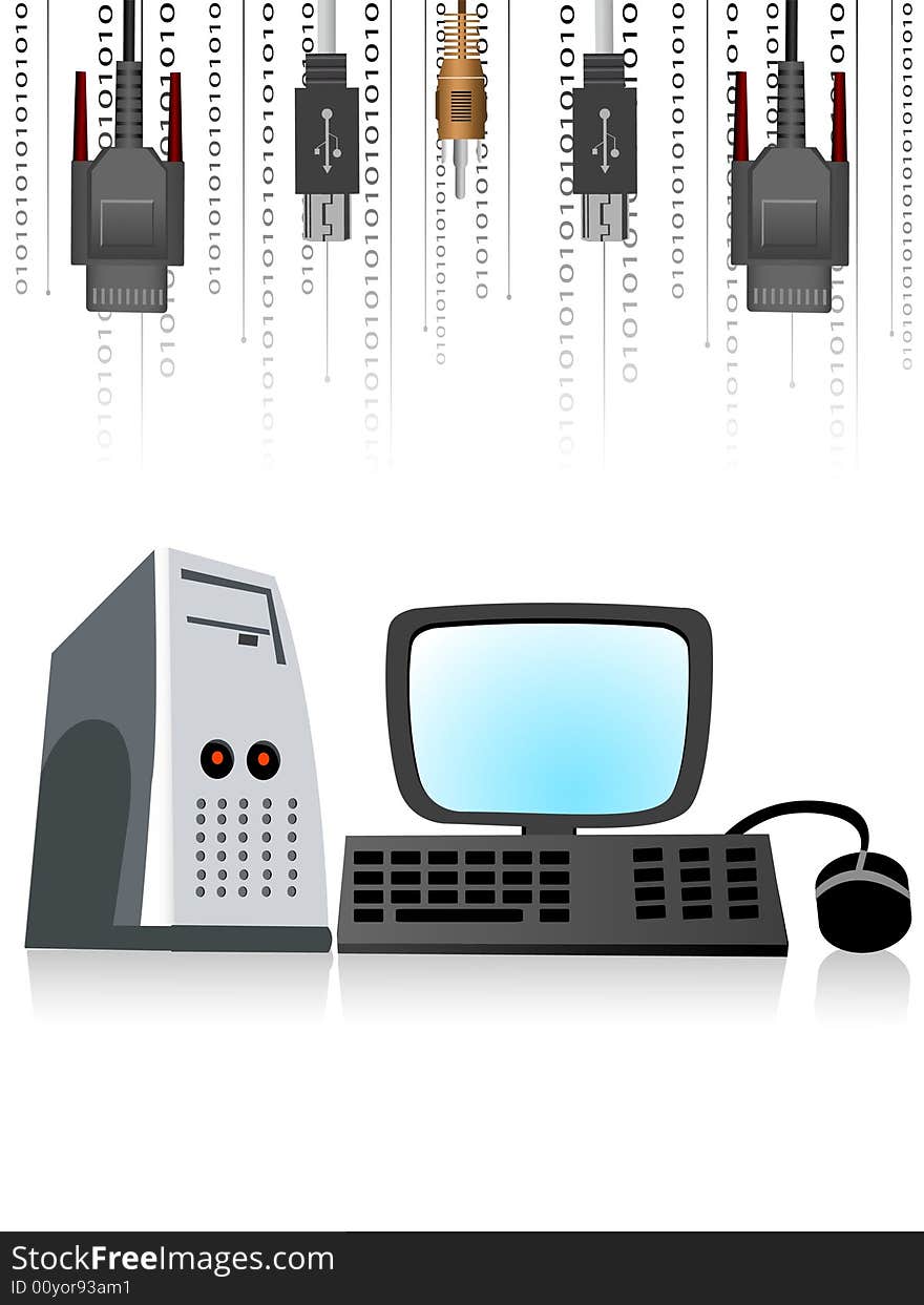 Computer set with plugs on isolated background. Computer set with plugs on isolated background