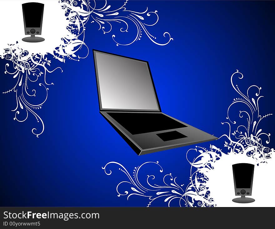 Laptop with speaker on gradient background. Laptop with speaker on gradient background