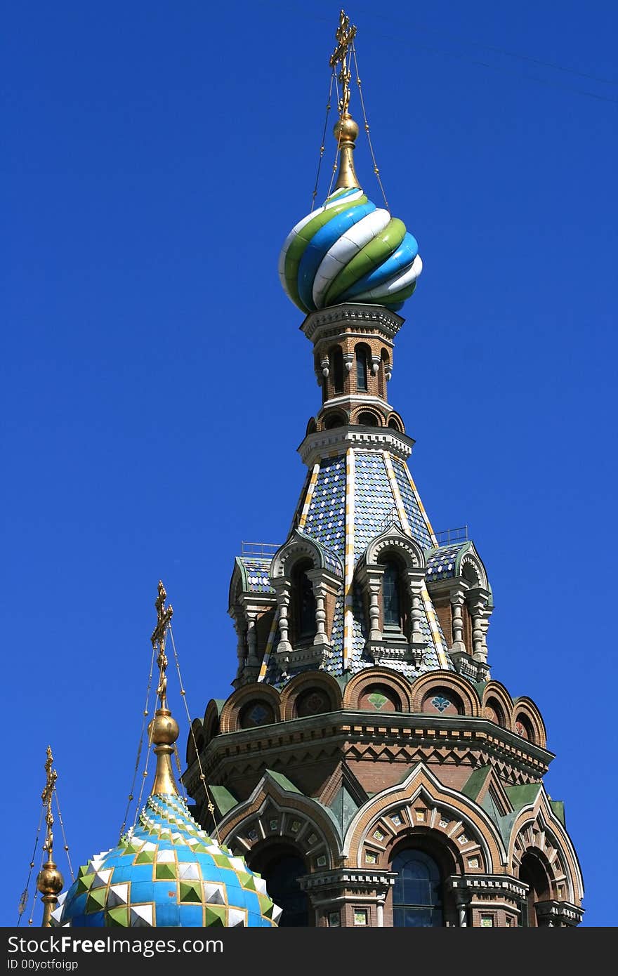 Domes of orthodox church on a blue sky background. St.Petersburg, Russia