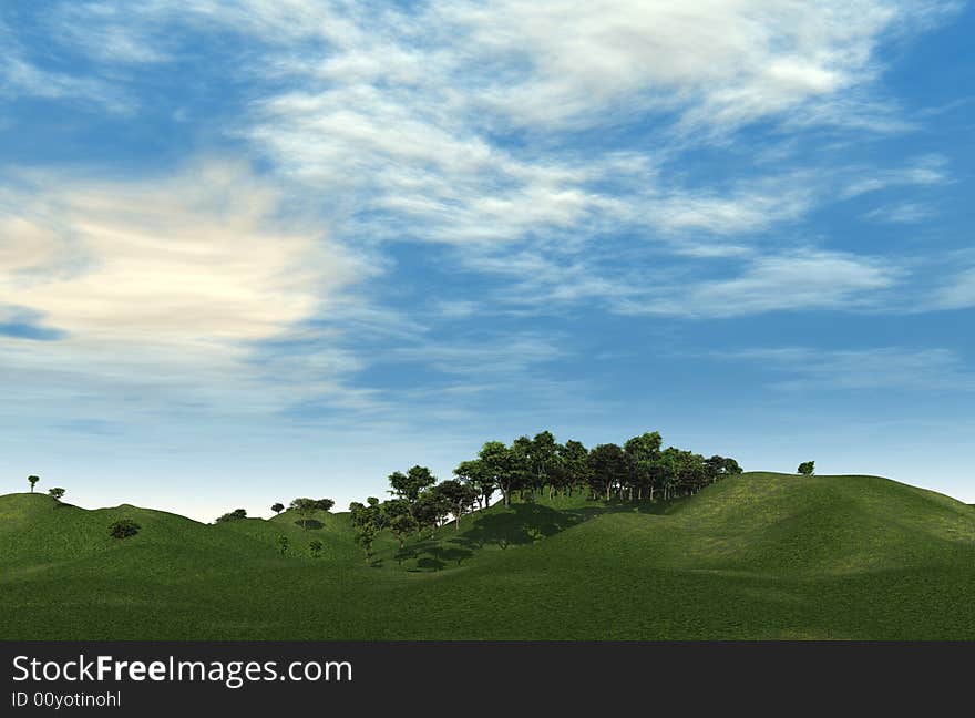 Green hills and beautiful sky with clouds - 3d scene