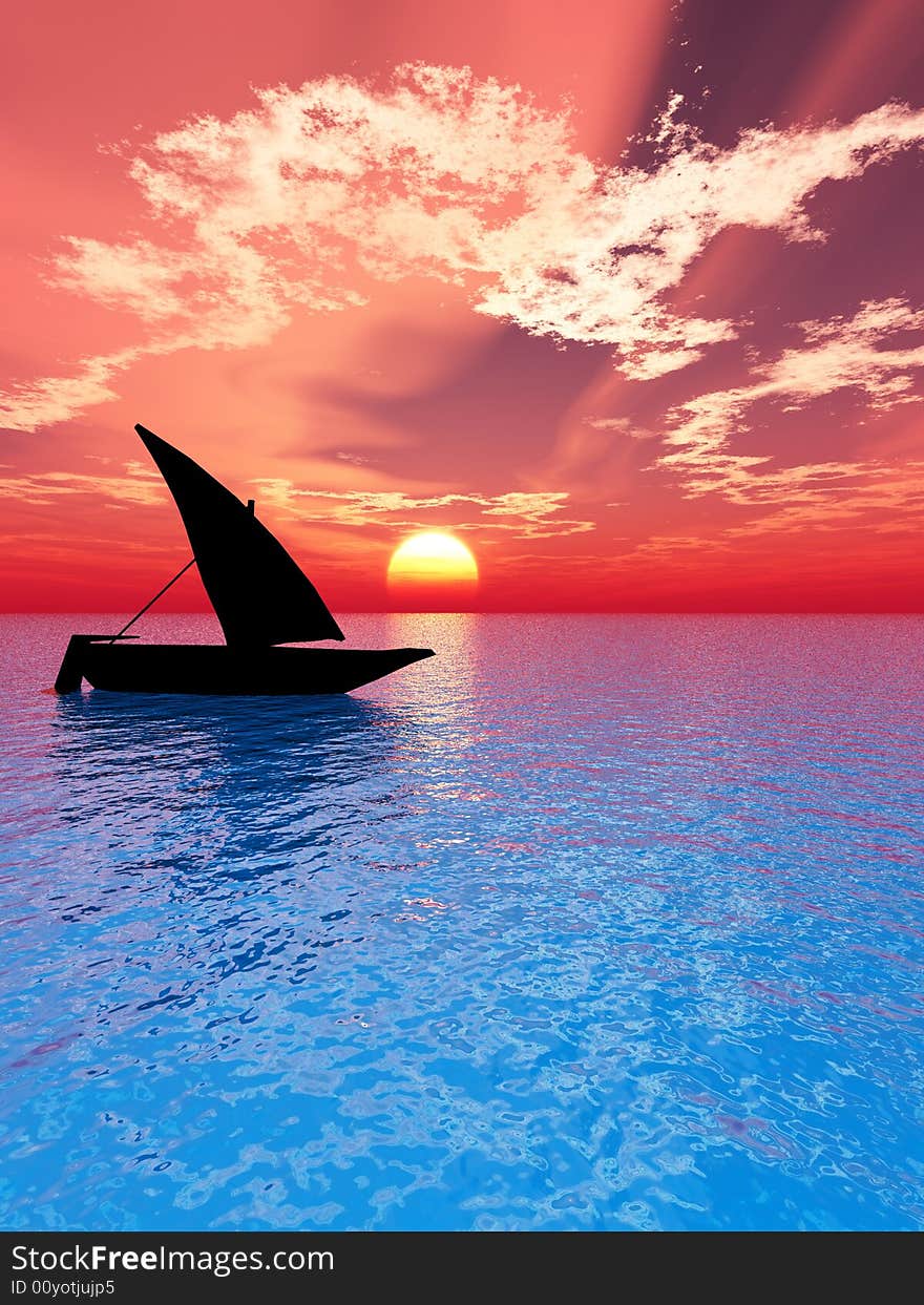 Small boat and  sunset  sky - 3d landscape scene .