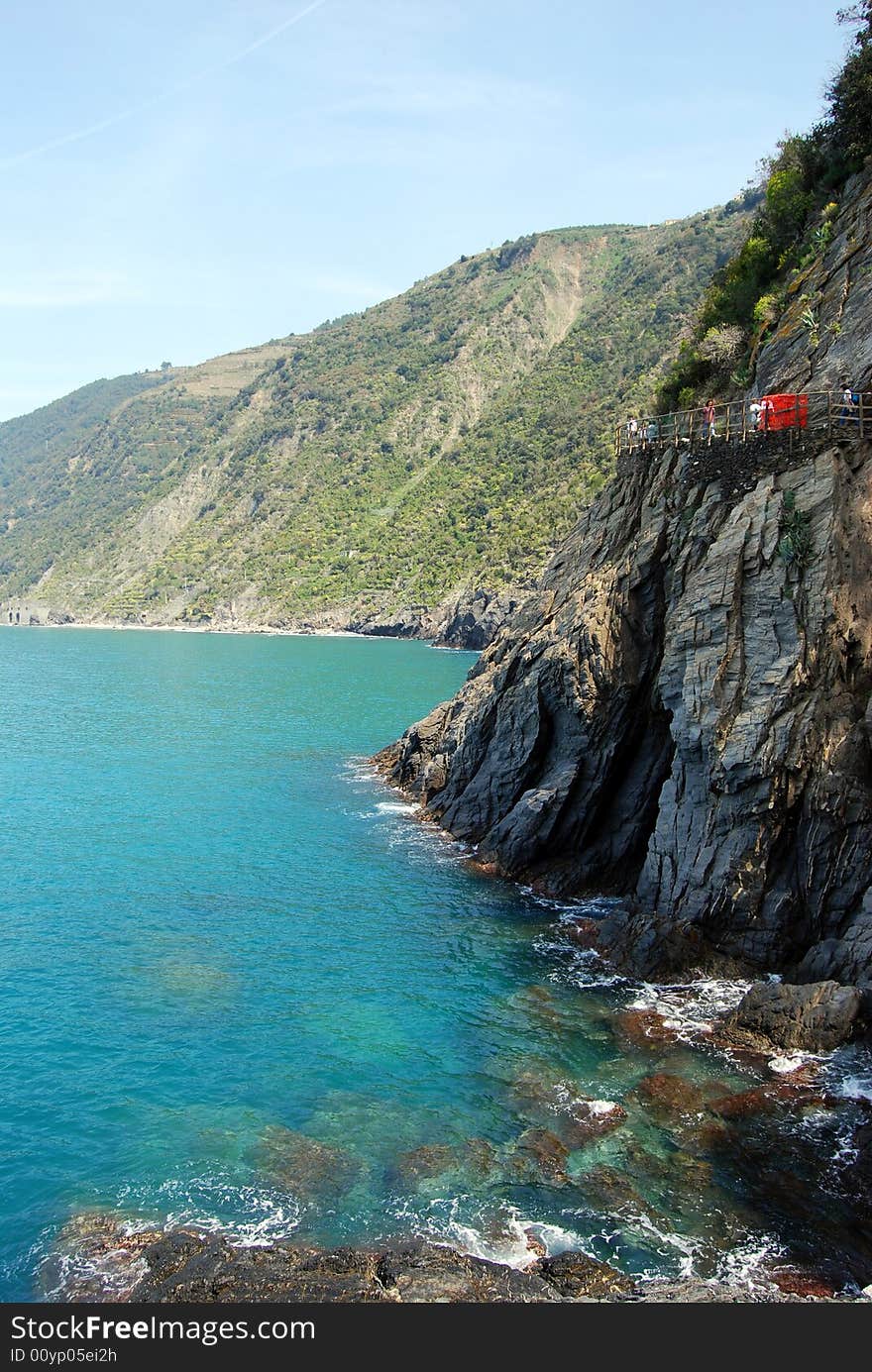 A great reef and blue sea in Cinque Terre in Liguria, Italy. Cinque Terre is humanity's world patrimony.