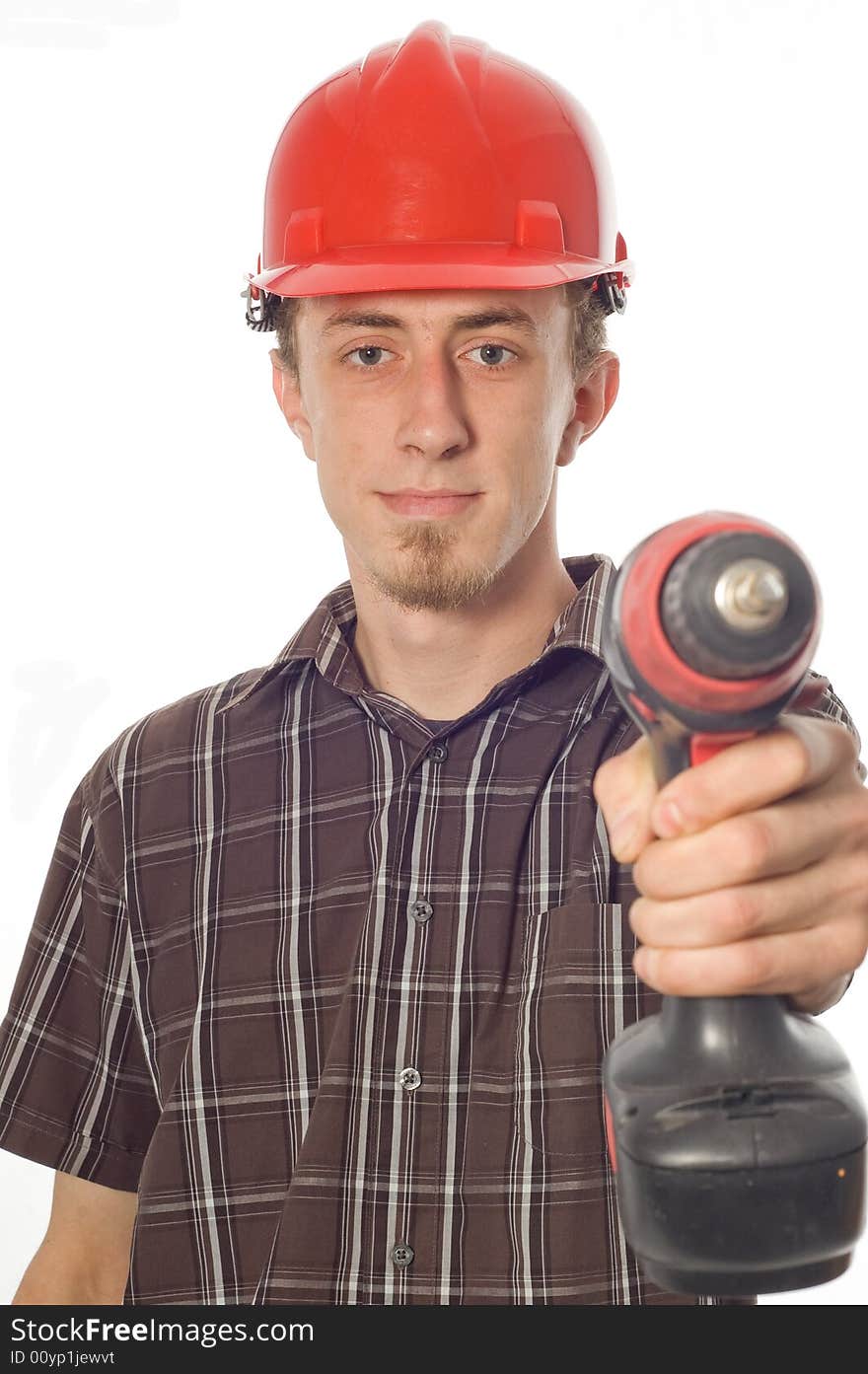 Casual worker with drill on white background