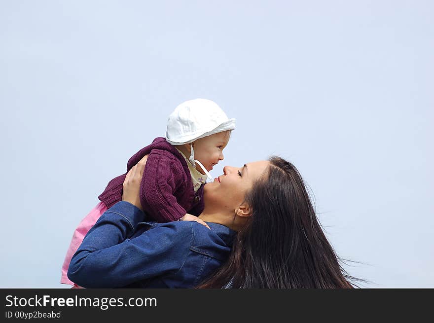 Happy family on sky background. Happy family on sky background