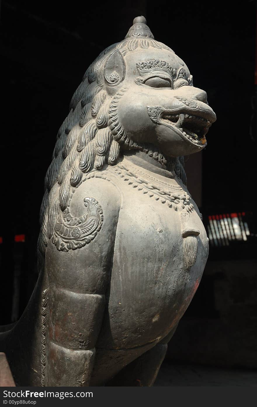 Bhaktapur is an ancient Newar town in the east corner of the Kathmandu Valley, Nepal.This statue is situated near the temple gates. Bhaktapur is an ancient Newar town in the east corner of the Kathmandu Valley, Nepal.This statue is situated near the temple gates