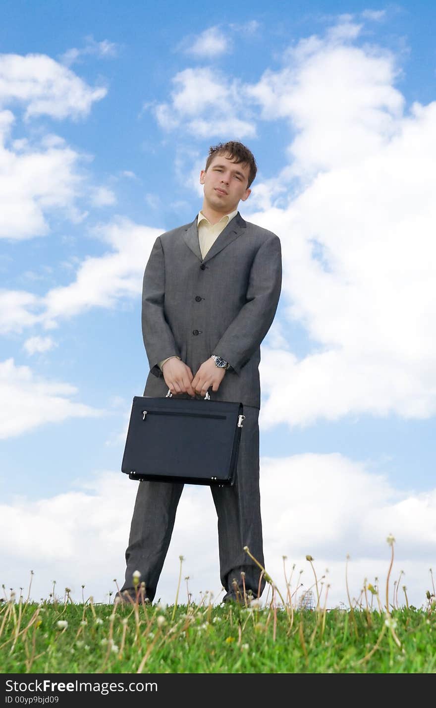 The young businessman with the handbag standing on a green grass. The young businessman with the handbag standing on a green grass