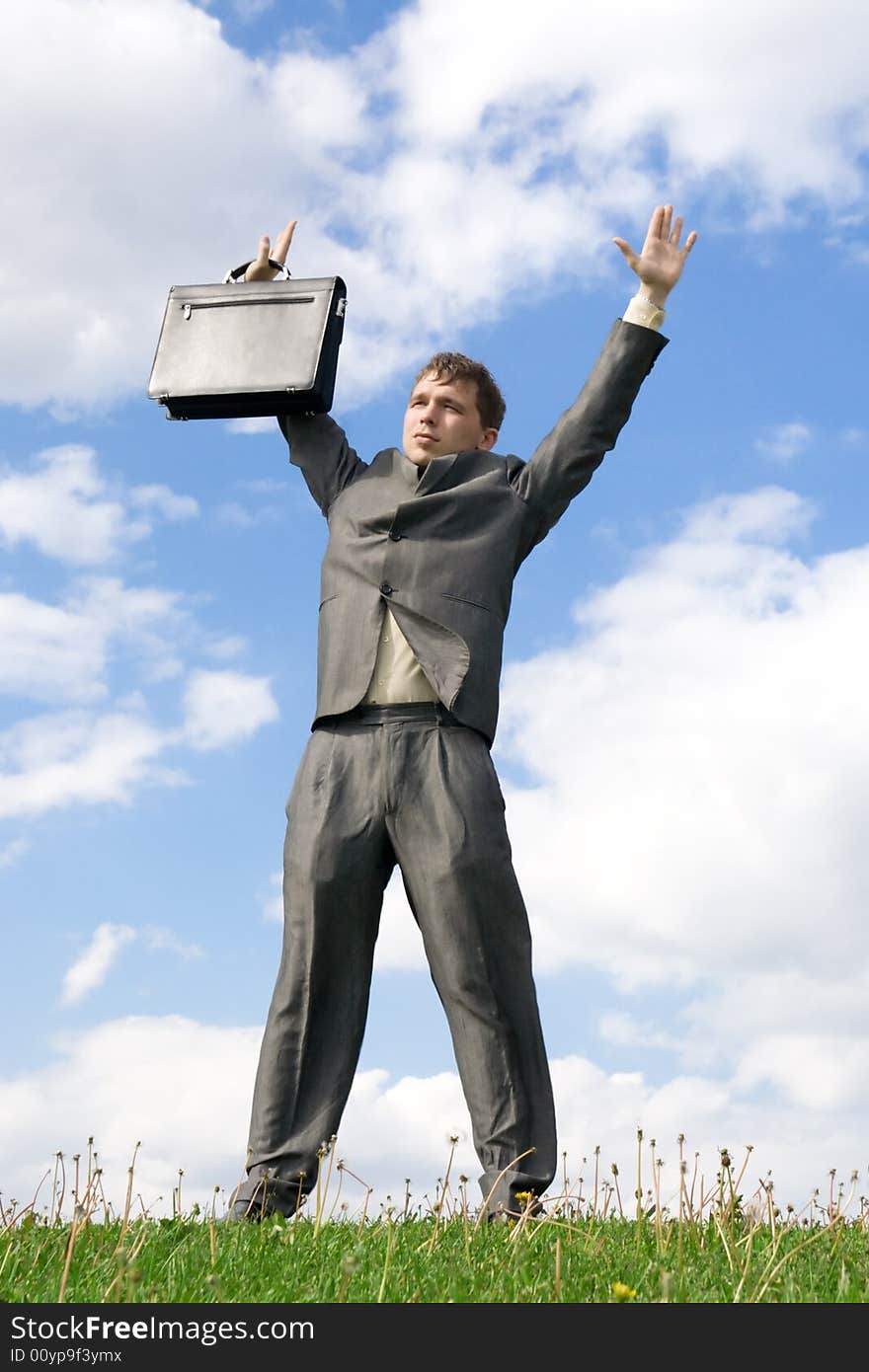 The young businessman with the handbag standing on a green grass. The young businessman with the handbag standing on a green grass