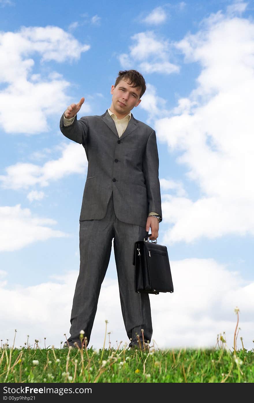 The young businessman with the handbag standing on a green grass. The young businessman with the handbag standing on a green grass