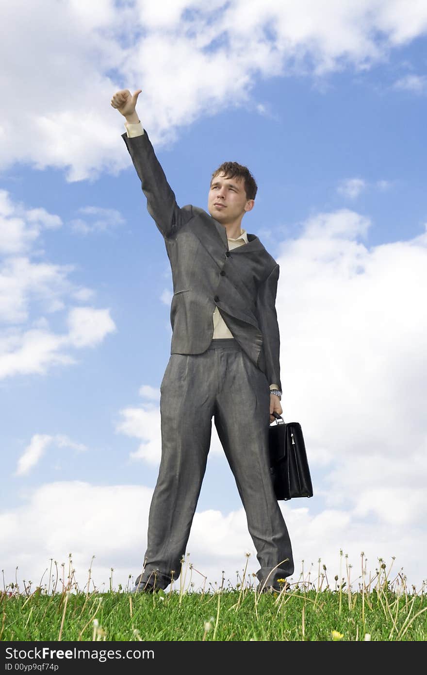 The young businessman with the handbag standing on a green grass. The young businessman with the handbag standing on a green grass