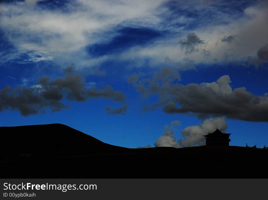 A temple under the sky, in darkness. A temple under the sky, in darkness